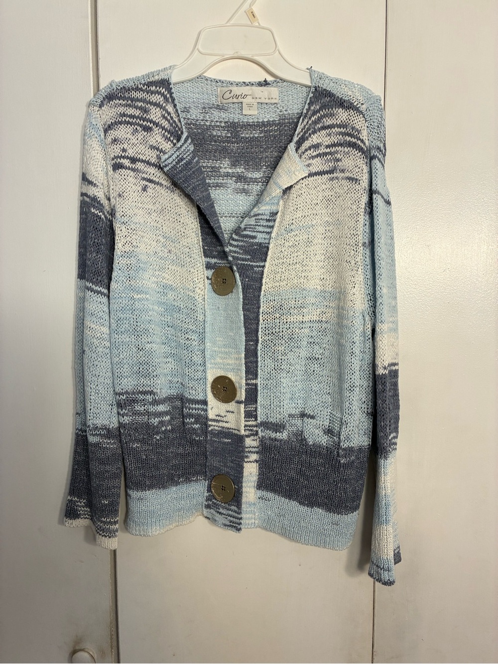 Curio Women Blue/grey Cardigan L  Artsy Cottage Core Boho Coastal Boxy Lagenlook